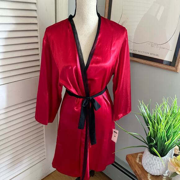 OSCAR DE LA RENTA Womens Robe Large Red Satin 3/4 Sleeve Belted Pockets Lounge - Picture 3 of 13